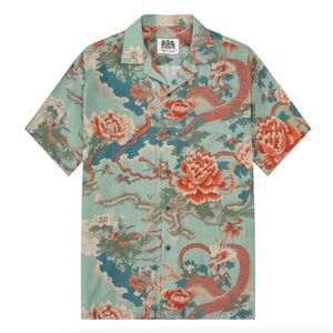 Jonvi Design NWT Ukiyo-e Gragon Floral Pattern Camp Collar Short Sleeve Shirt XL